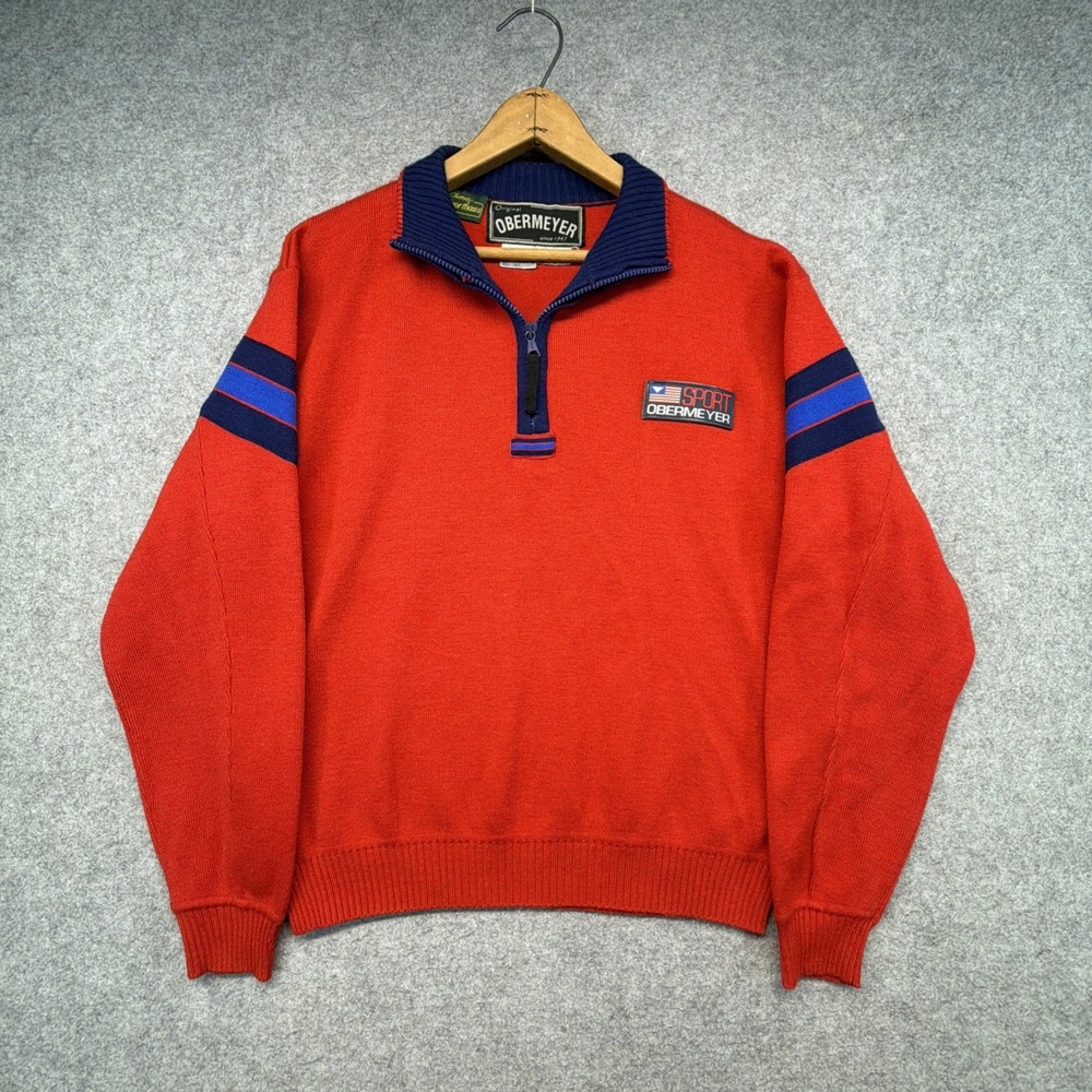 Vintage Obermeyer Sport Mens L Red Wool Blend 1/4 Zip Striped Ski Sweater
